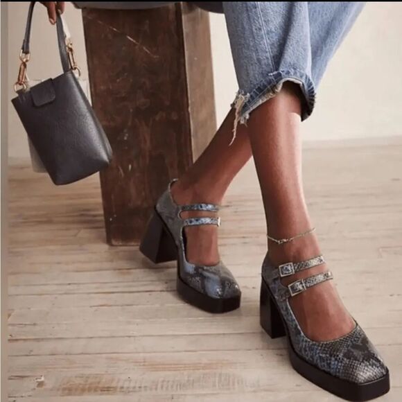 Free People Ruby Double Strap Platform Mary Janes US 8.5 Blue and Black - Picture 9 of 12